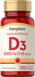 Piping Rock Vitamina D3 5000 UI | 250 Cápsulas Blandas | Complemento Alimenticio de Alta Potencia | No OMG, Sin Gluten