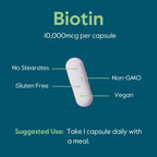BESTVITE Biotina 10,000mcg (240 Cápsulas Vegetarianas) - Sin Estearatos - Sin Fosfato Dicálcico - Vegano - No GMO - Sin Gluten