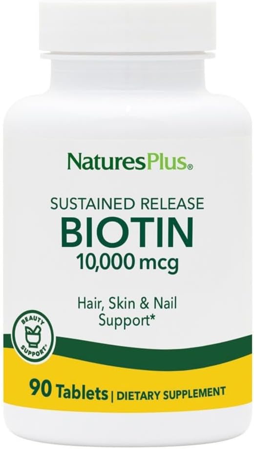NaturesPlus Biotin 10,000 mcg - 90 Sustained Release Tablets - Hair, Skin & Nails Support - High Potency Vitamin B - Vegetarian, Gluten Free