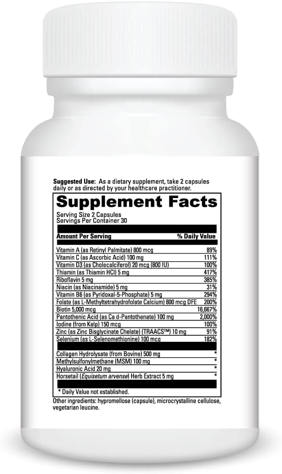 Suplemento para Cabello, Pestañas, Piel y Uñas con Biotina, Colágeno y Vitaminas - 60 Cápsulas