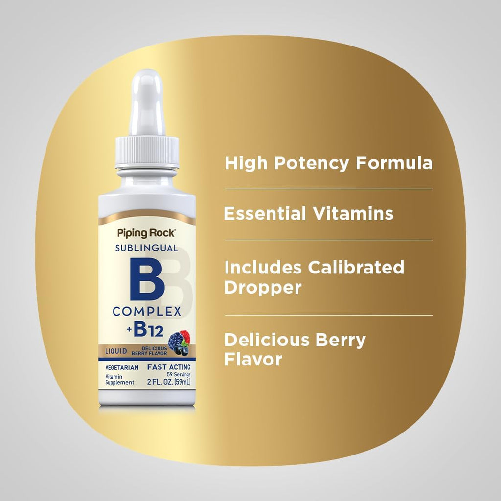 B Complex with B12 - Sublingual Drops (1200 mcg, 59 ml) - Berry Flavor | Piping Rock