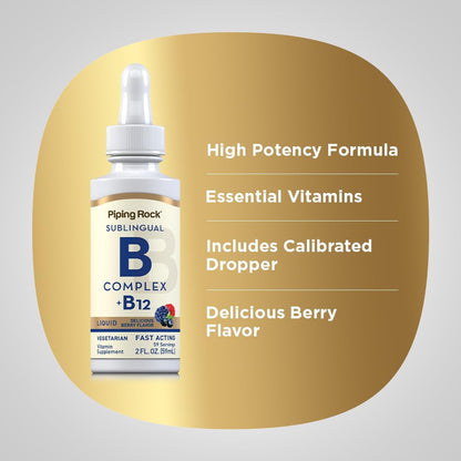 Complejo Vitamínico B con B12 - Gotas Sublinguales (1200 mcg, 59 ml) - Sabor a Bayas | Piping Rock – Image 4