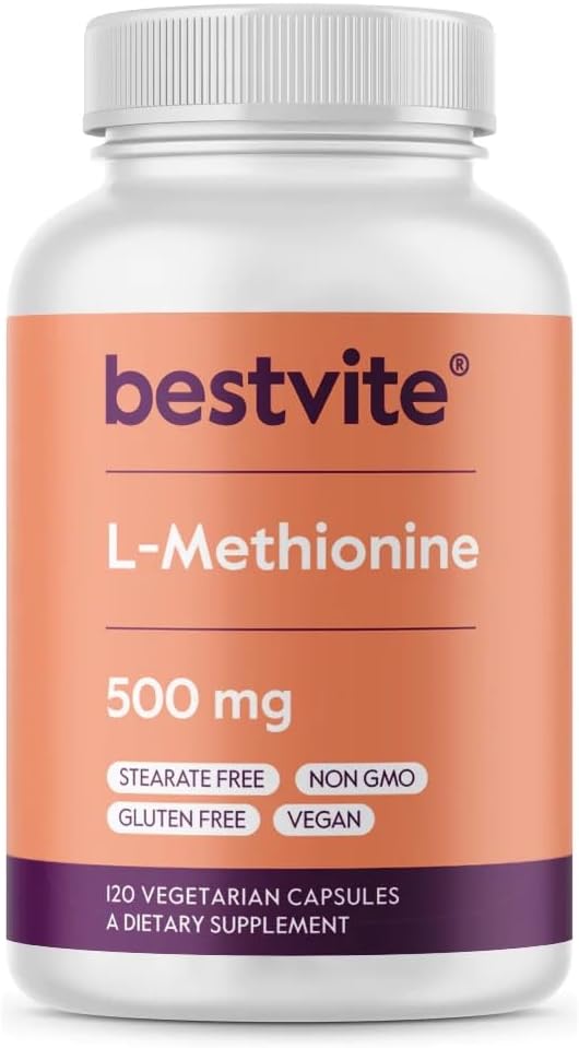 BESTVITE L-Metionina 500mg (120 Cápsulas Vegetales) - Sin Estearatos - Vegano - No Transgénico - Sin Gluten