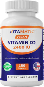 Vitamatic Vitamina D2 2400 IU (60 mcg) – Suplemento Vegano para Huesos e Inmunidad – 180 Comprimidos