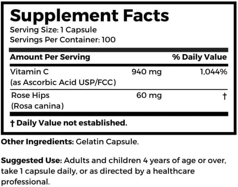 Dr. Clark Vitamina C con Escaramujo – 1000 mg, 100 Cápsulas de Gelatina