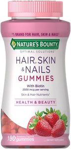 Nature's Bounty Optimal Solutions Gominolas para Cabello, Piel y Uñas con Biotina 2500 mcg - Sabor Fresa, 180 unidades
