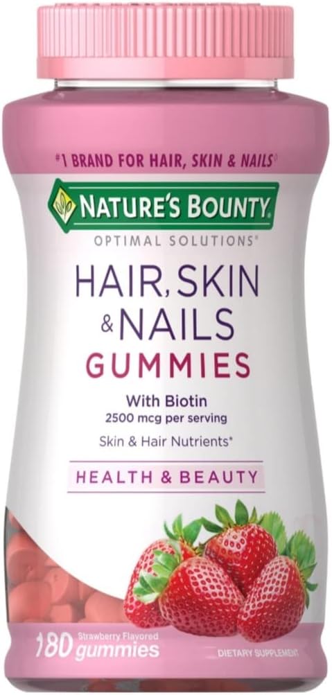 Nature's Bounty Optimal Solutions Gominolas para Cabello, Piel y Uñas con Biotina 2500 mcg - Sabor Fresa, 180 unidades