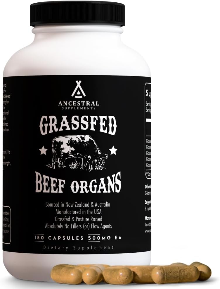 Ancestral Supplements Suplemento de Órganos de Res Alimentados con Pasto - Mezcla de Hígado, Corazón, Riñón, Páncreas, Bazo - Liofilizado - No GMO - 180 Cápsulas