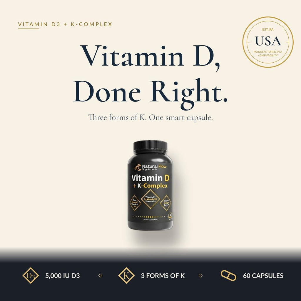 Natural Flow Vitamin D3 with K2 Complex — 5,000 IU D3 + Full K-Complex (K1, MK-4, MK-7) + FOS — Bone, Heart & Immune Support — Vegetarian, USA Made, 60 Capsules