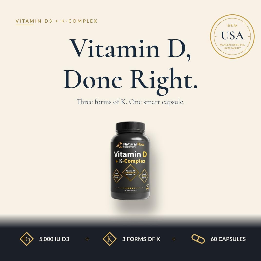 Natural Flow Vitamin D3 with K2 Complex — 5,000 IU D3 + Full K-Complex (K1, MK-4, MK-7) + FOS — Bone, Heart & Immune Support — Vegetarian, USA Made, 60 Capsules