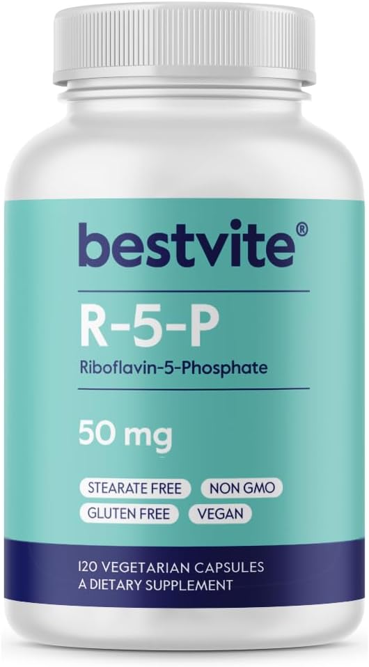 BESTVITE Riboflavin-5-Phosphate 50mg (120 Cápsulas Vegetales) - Sin Estearatos - Vegano - No OGM - Sin Gluten - Forma Bioactiva de Vitamina B2