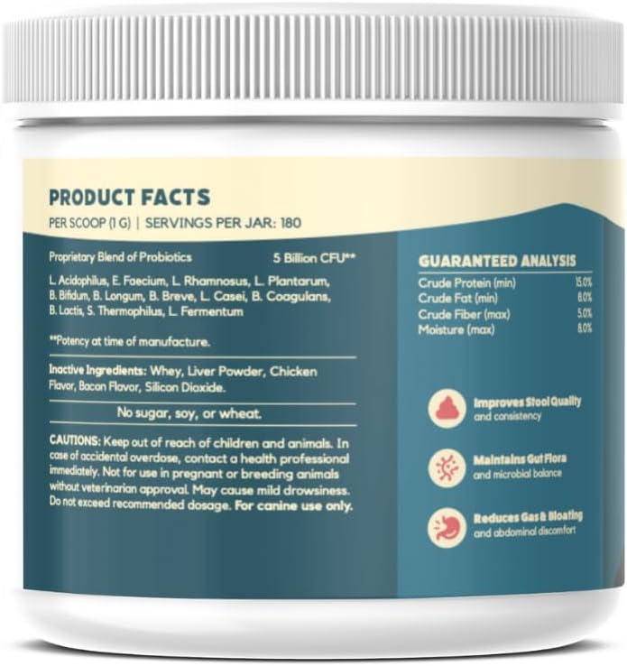 Probiotics for Dogs Digestive Health (Chicken & Bacon) - Probiotic Powder for Dogs - Digestive Aid & Immune Support - Calming Chews - Max Strength