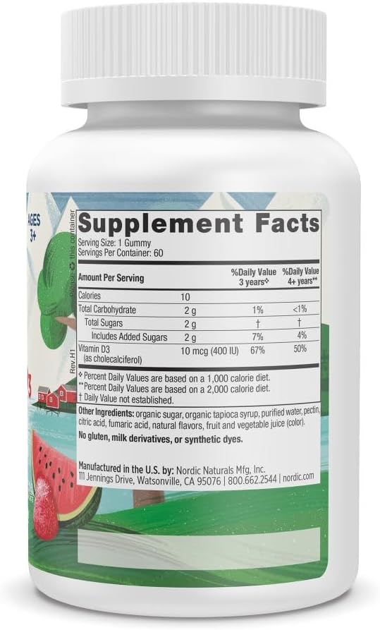 Nordic Naturals Gomitas de Vitamina D3 para Niños, Sabor Sandía Salvaje - 60 Gomitas - 400 UI