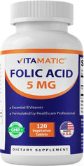 Vitamatic Ácido Fólico 5 mg (5.000 mcg) 120 Comprimidos Vegetales | Vitamina B9 | 8.333 mcg DFE Folato