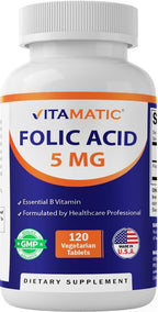 Vitamatic Ácido Fólico 5 mg (5.000 mcg) 120 Comprimidos Vegetales | Vitamina B9 | 8.333 mcg DFE Folato