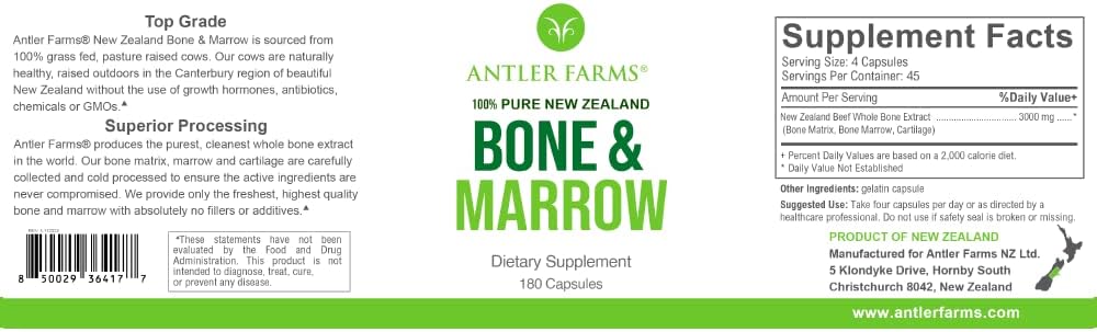 Antler Farms - 100% Hueso y Médula de Nueva Zelanda, 180 Cápsulas, 750mg - Extracto de Hueso Entero de Vacas Alimentadas con Pasto