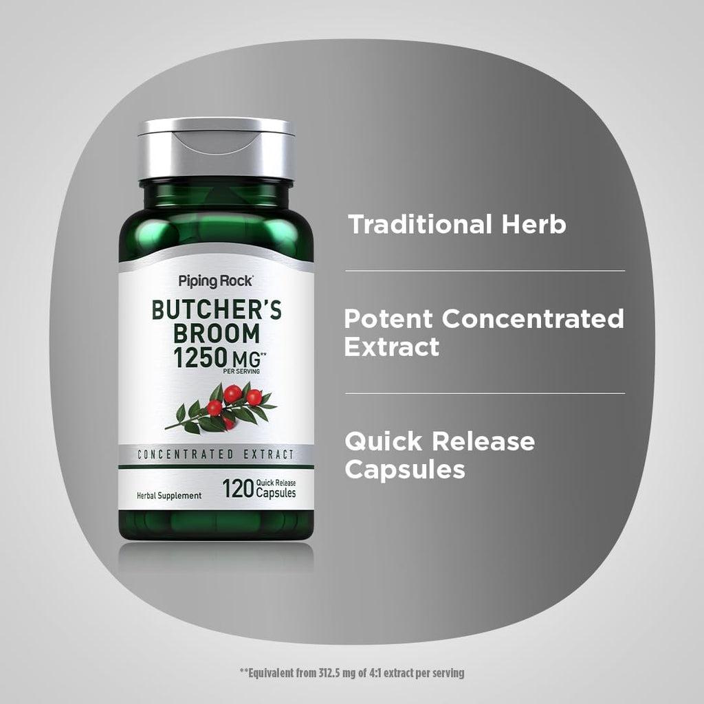 Suplemento de Butchers Broom de Piping Rock | 120 Cápsulas | Raíz Herbal Tradicional | Extracto Concentrado | No OGM, Sin Gluten