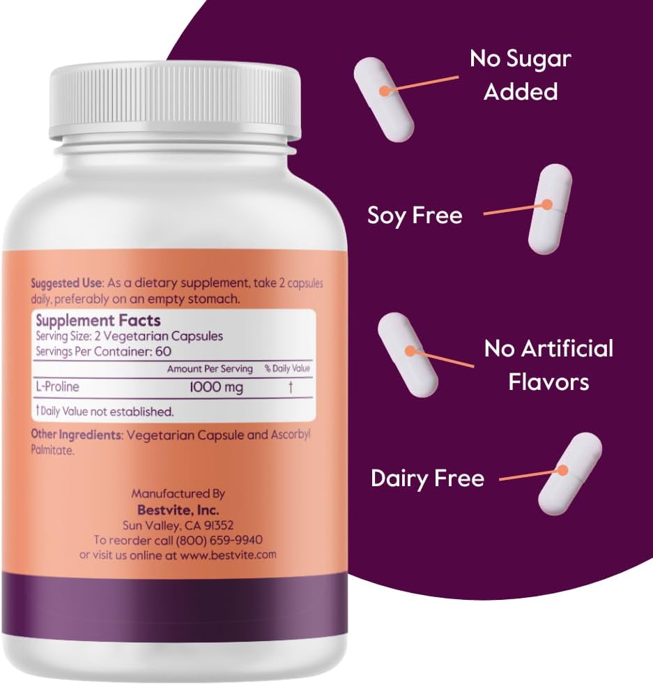 BESTVITE L-Prolina 500mg (120 Cápsulas Vegetales) - Sin Estearatos - Sin Rellenos - Vegano - Sin Gluten - No Transgénico