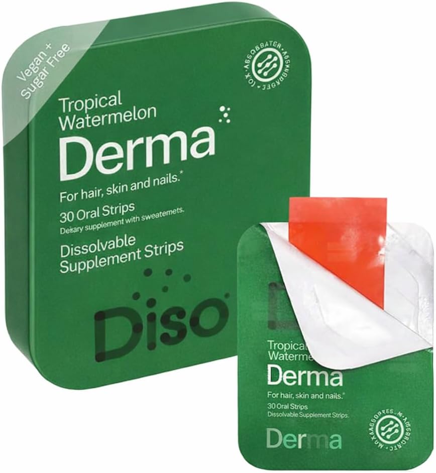 DISO Derma – Tiras Orales de Biotina para Cabello, Piel y Uñas, Sabor Sandía Tropical, 30 Unidades