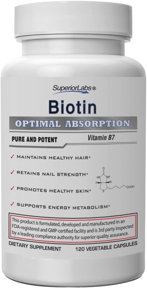 Superior Labs Natural Non-GMO Biotin - 5000 mcg, 120 Vegetable Capsules