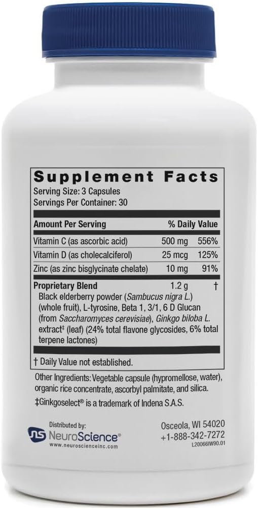 NeuroScience ImmuWell - 90 Cápsulas - Complemento Inmunológico y Cognitivo con Vitamina C, Zinc y Saúco