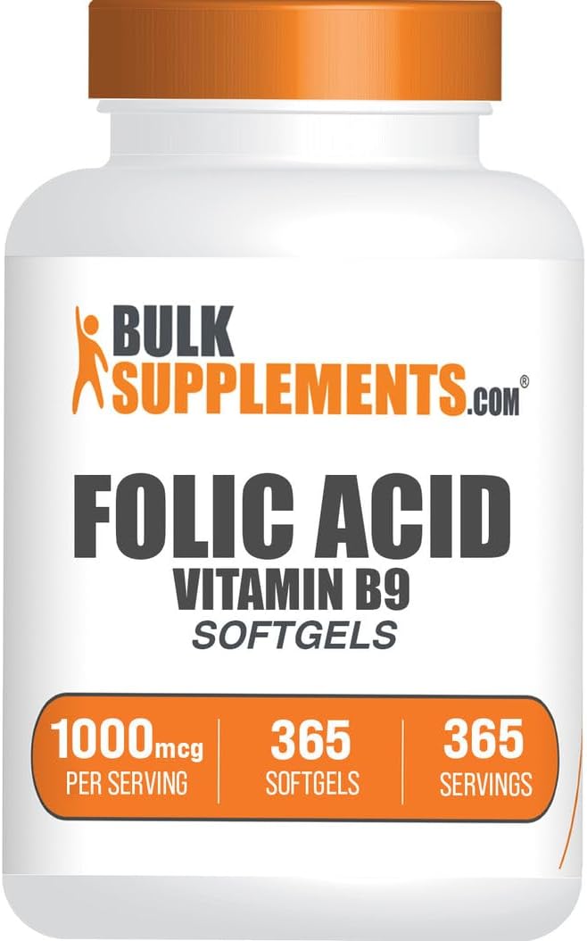 BulkSupplements Ácido Fólico Softgels - Vitamina B9, 1000 mcg, 365 Cápsulas