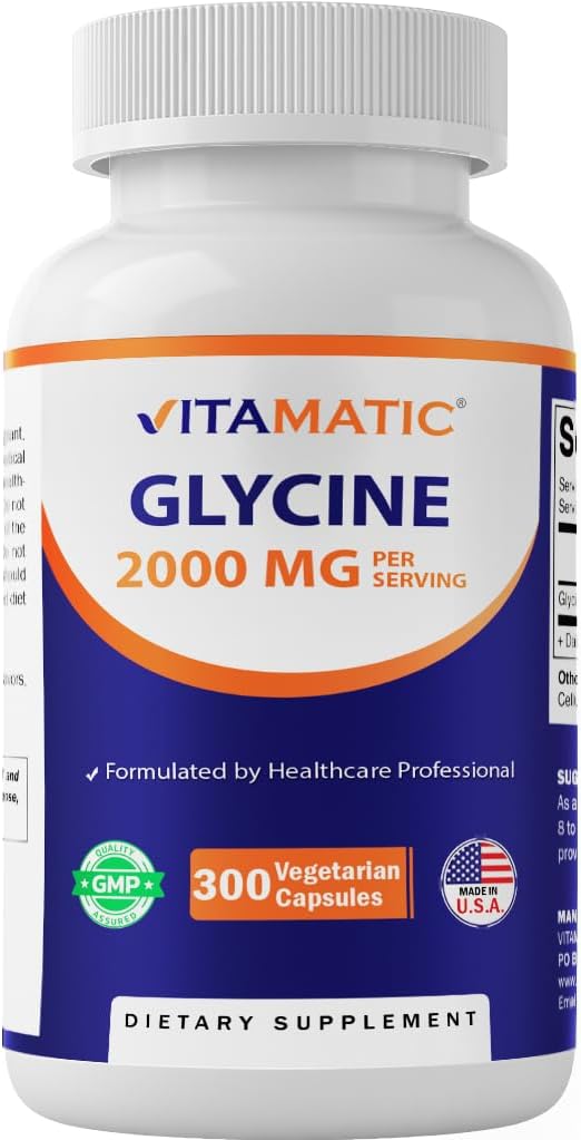 Vitamatic Glicina Suplemento, 2000mg por Dosis, 300 Cápsulas, No-GMO, Sin Gluten