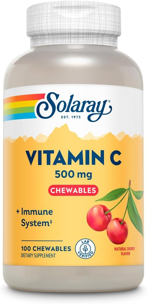 SOLARAY Vitamina C Masticable de 500 mg | Sabor cereza natural | Apoya la función inmunitaria saludable y la síntesis de colágeno | 100 unidades