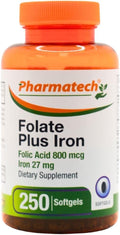 PHARMATECH Ácido Fólico 800 mcg + Hierro 27 mg, Suplemento Prenatal, 250 Cápsulas Blandas