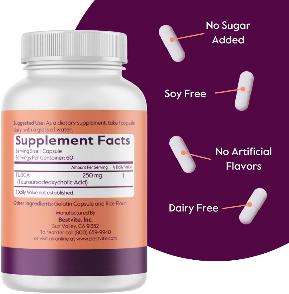 BESTVITE TUDCA 250mg - 60 Cápsulas - Ácido Tauroursodesoxicólico - Sin Estearatos - Sin Gluten - No GMO