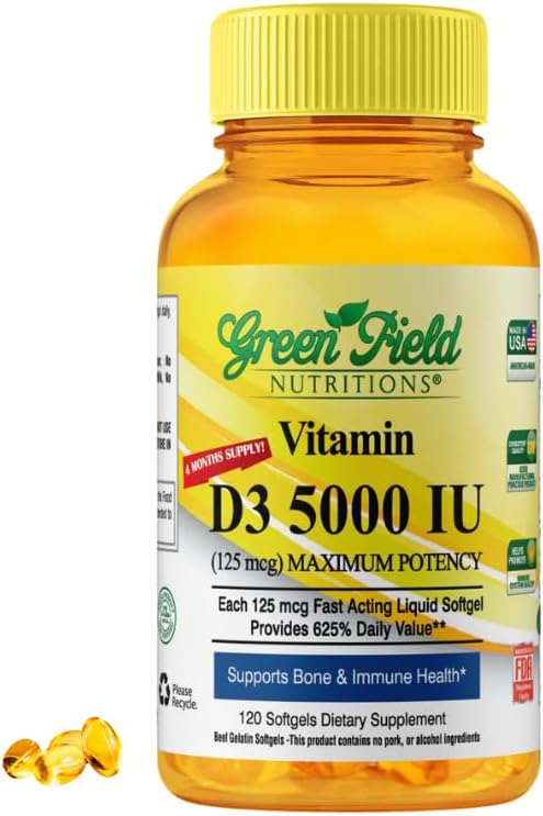 Greenfield Nutritions Vitamina D3 Halal 5000 IU - 120 Softgels de Gelatina de Res
