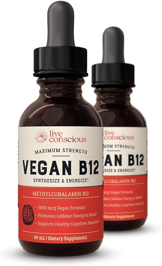 Live Conscious Vitamina B12 Sublingual 5000mcg - Gotas de Metilcobalamina Veganas (2 Envases)