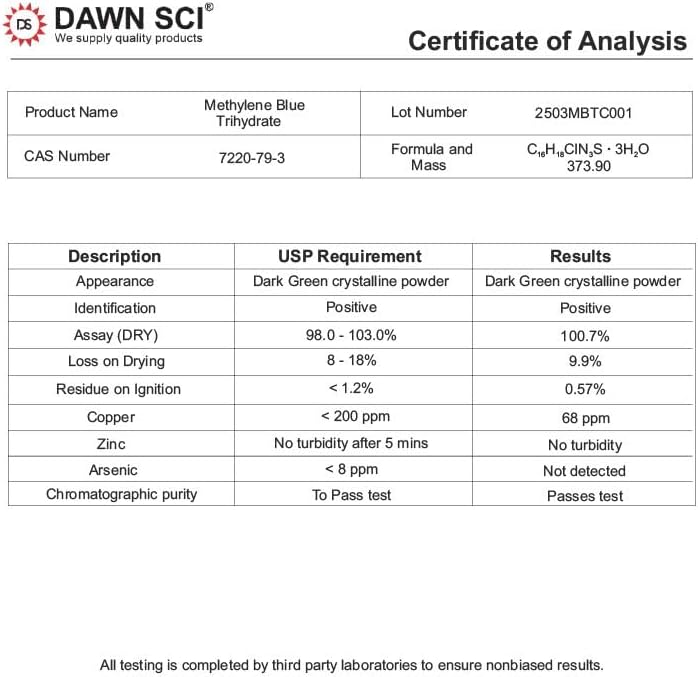 DAWNSCI Azul de Metileno 1% 30 mL - Paquete de 2 Goteros de Vidrio - Grado USP, Sin Formaldehído