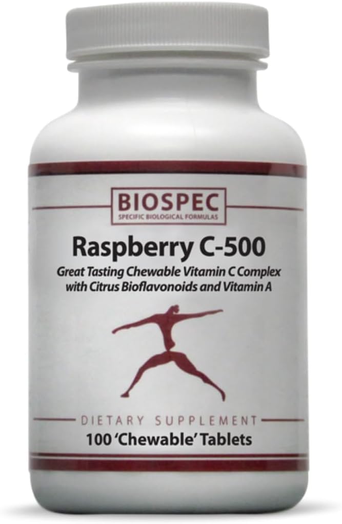 BIOSPEC NUTRITIONALS Raspberry C-500 – 500 mg de Vitamina C Masticable con Vitamina A y Bioflavonoides Cítricos