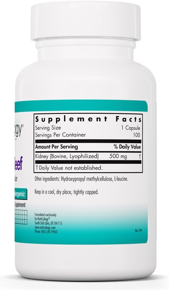 Allergy Research Group NutriCology Kidney Beef - 500 mg Bovine Kidney Glandular Supplement - Freeze-Dried Organ Extract - Renal & Glandular Support - Hypoallergenic - 100 Servings - 100 Vegicaps