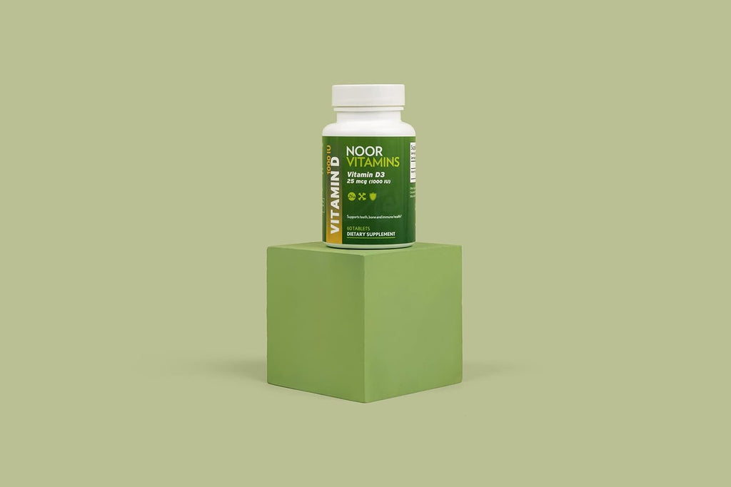 Noor Vitamins Vitamina D3 Halal 1000 UI, Apoya la Salud Ósea, Inmunitaria y Cardíaca, Sin OGM, Sin Gluten y Halal (60 Comprimidos)