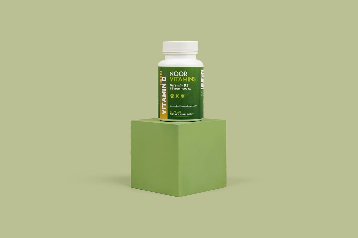 Noor Vitamins Vitamina D3 Halal 1000 UI, Apoya la Salud Ósea, Inmunitaria y Cardíaca, Sin OGM, Sin Gluten y Halal (60 Comprimidos)