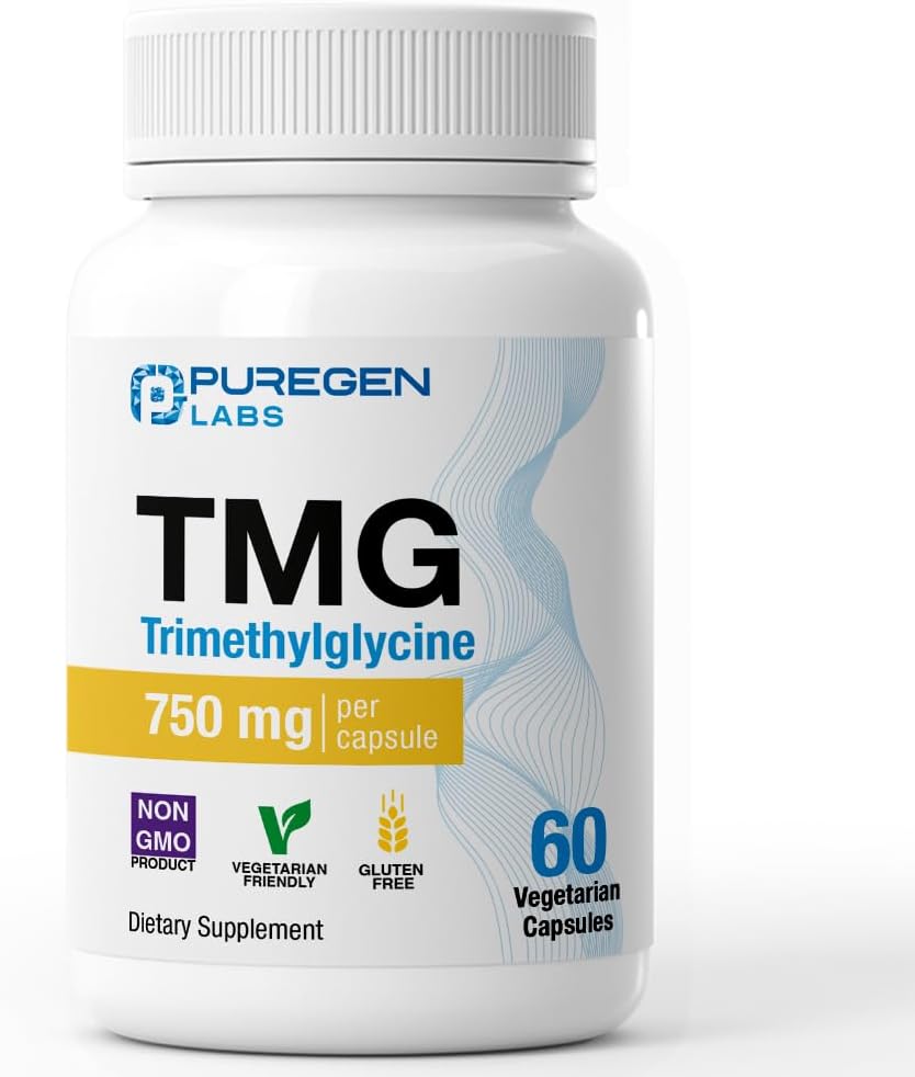 Puregen Labs TMG 750 mg – Trimetilglicina – No OGM, Sin Gluten ni Lácteos – 2 Envases | 120 Cápsulas Vegetarianas