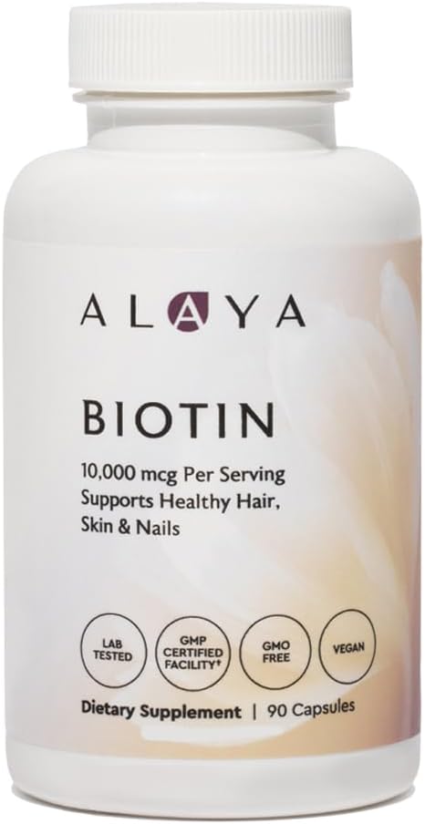 Alaya Biotina 10,000 mcg para Cabello, Piel y Uñas, 90 Cápsulas