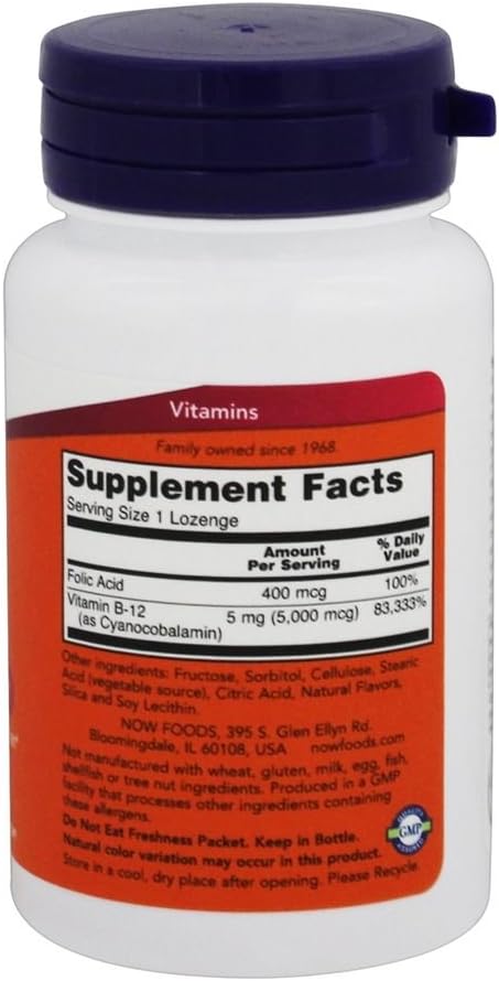 NOW Foods B-12, 5000mcg con Ácido Fólico, 60 Comprimidos (Pack de 6)