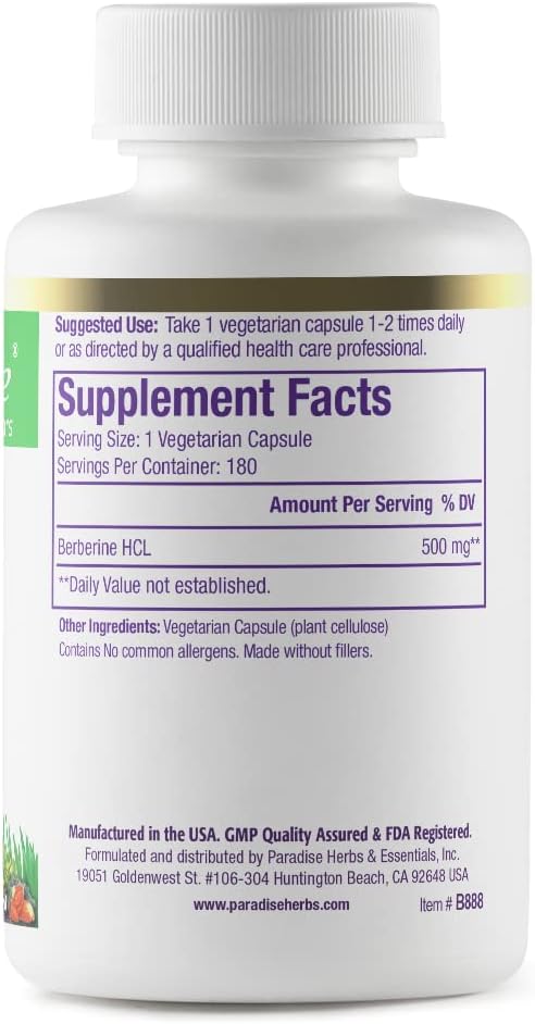 Extracto de Berberina 500 mg – Paradise Herbs, 180 Cápsulas Vegetales