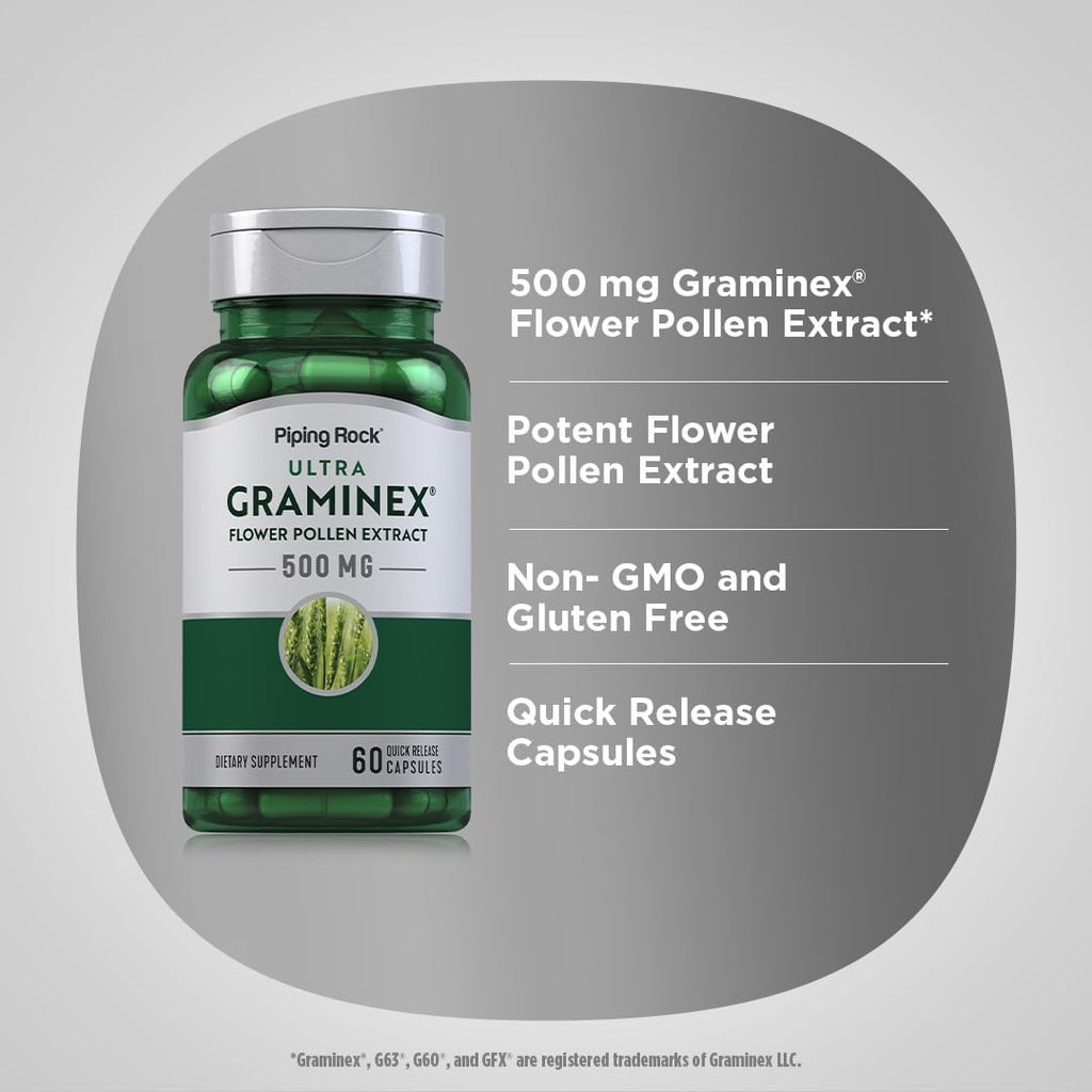 Piping Rock Extracto de polen de flor Graminex | 500 mg | 60 cápsulas | Suplemento para hombres y mujeres | Sin OMG, Sin gluten