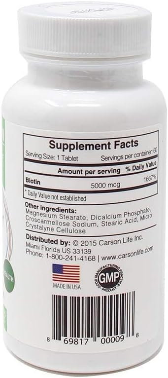 Carson Life Biotina 60 Comprimidos - Vitamina B7 para Cabello, Piel y Uñas - Metabolismo Energético - Sin Sabor