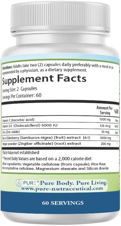 PURE 5 en 1 Fórmula Inmunitaria - 120 Cápsulas - Saúco Negro, Vitamina C, Vitamina D3, Zinc y Jengibre