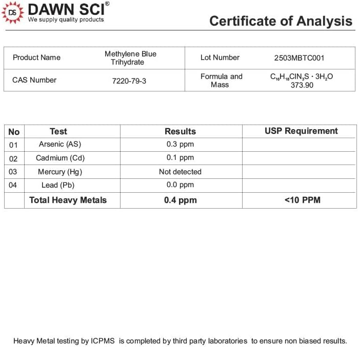 DAWNSCI Azul de Metileno 1% 30 mL - Paquete de 2 Goteros de Vidrio - Grado USP, Sin Formaldehído