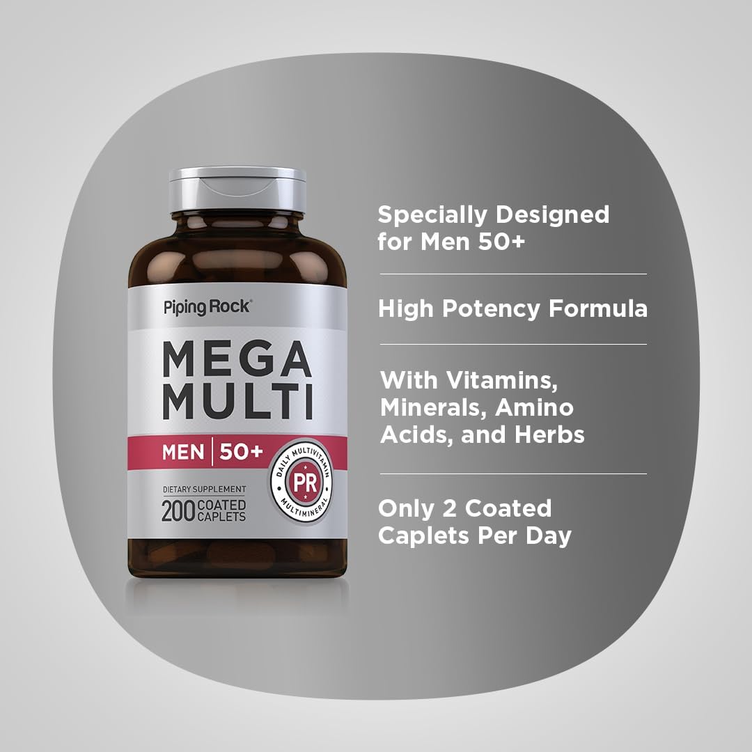 Piping Rock Multivitamínico para Hombres 50+ | 200 Comprimidos | Magnesio, Calcio, Zinc | No-GMO, Sin Gluten