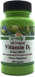Daily Manufacturing Vitamina D3 1000 IU (25 mcg) - Cápsulas Vegetarianas, No GMO, Sin Gluten, Kosher - 100 Unidades