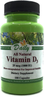 Daily Manufacturing Vitamina D3 1000 IU (25 mcg) - Cápsulas Vegetarianas, No GMO, Sin Gluten, Kosher - 100 Unidades