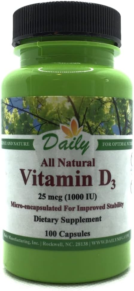 Daily Manufacturing Vitamina D3 1000 IU (25 mcg) - Cápsulas Vegetarianas, No GMO, Sin Gluten, Kosher - 100 Unidades