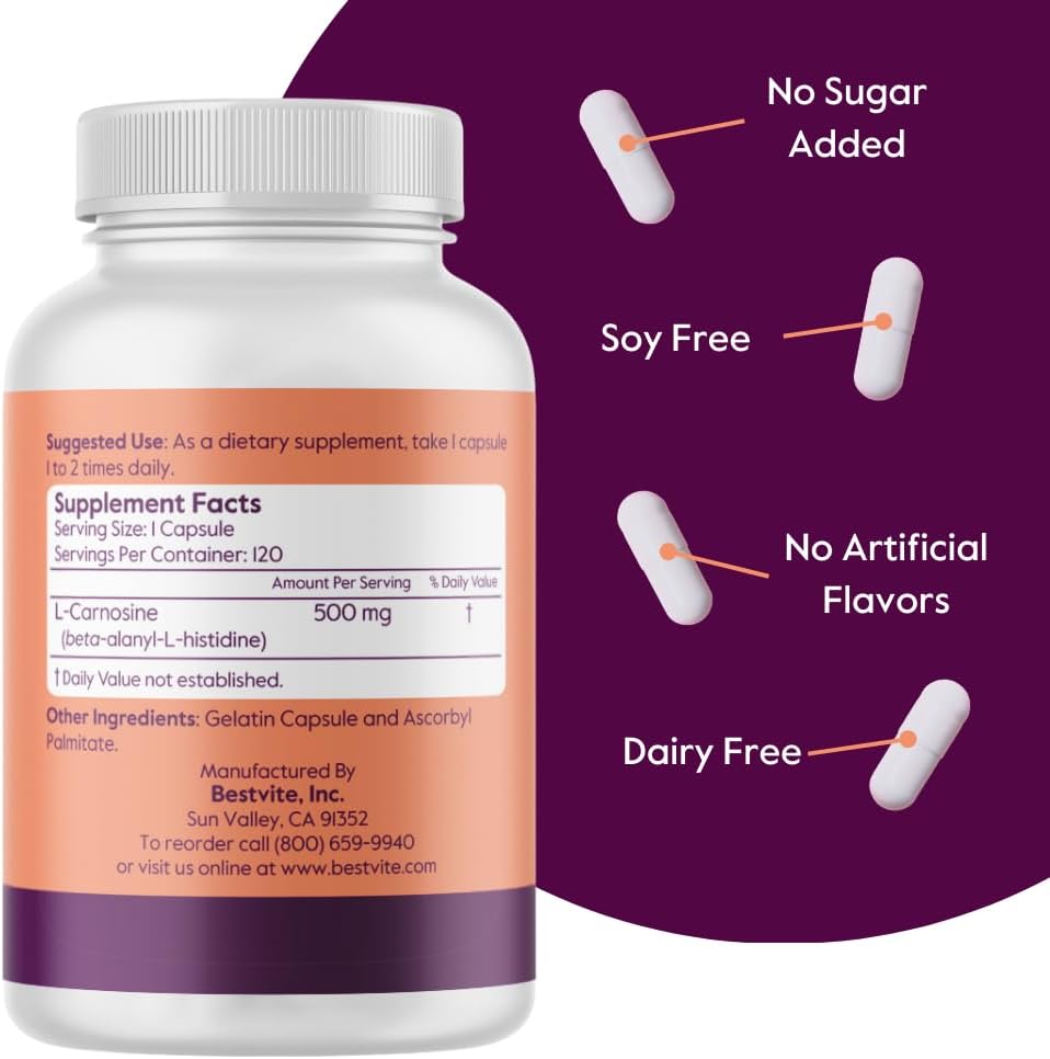 BESTVITE L-Carnosina 500 mg por cápsula (120 cápsulas) Sin rellenos - Sin estearatos - No transgénico - Sin gluten